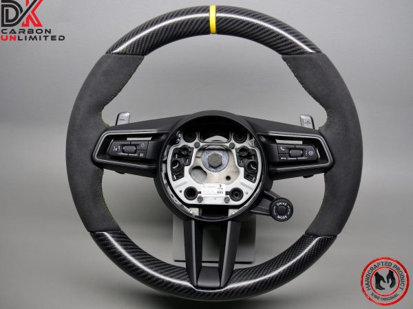 Porsche 992.2 GT3 RS 2023-24 992.2 GT3 2021-24 Yellow Leather Ring Green Stitch Alcantara Factory Trim Matching Matte Satin Finish Carbon Fiber Steering Wheel v.1.1 - Image 2