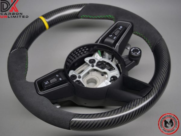 Porsche 992.2 GT3 RS 2023-24 992.2 GT3 2021-24 Yellow Leather Ring Green Stitch Alcantara Factory Trim Matching Matte Satin Finish Carbon Fiber Steering Wheel v.1.1 - Image 7