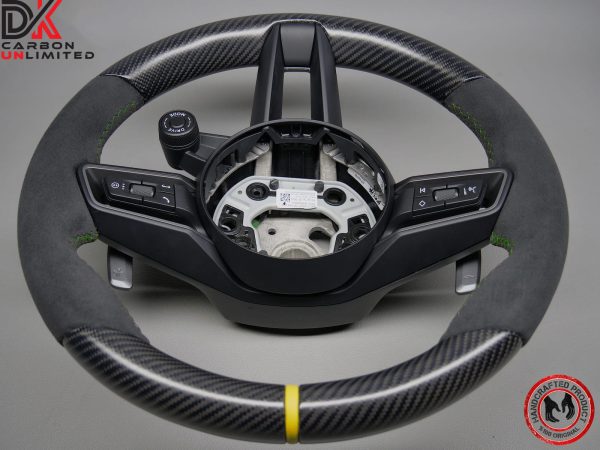Porsche 992.2 GT3 RS 2023-24 992.2 GT3 2021-24 Yellow Leather Ring Green Stitch Alcantara Factory Trim Matching Matte Satin Finish Carbon Fiber Steering Wheel v.1.1 - Image 8