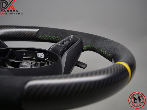 Porsche 992.2 GT3 RS 2023-24 992.2 GT3 2021-24 Yellow Leather Ring Green Stitch Alcantara Factory Trim Matching Matte Satin Finish Carbon Fiber Steering Wheel v.1.1 - Image 9