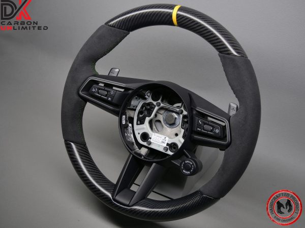 Porsche 992.2 GT3 RS 2023-24 992.2 GT3 2021-24 Yellow Leather Ring Green Stitch Alcantara Factory Trim Matching Matte Satin Finish Carbon Fiber Steering Wheel v.1.1 - Image 3